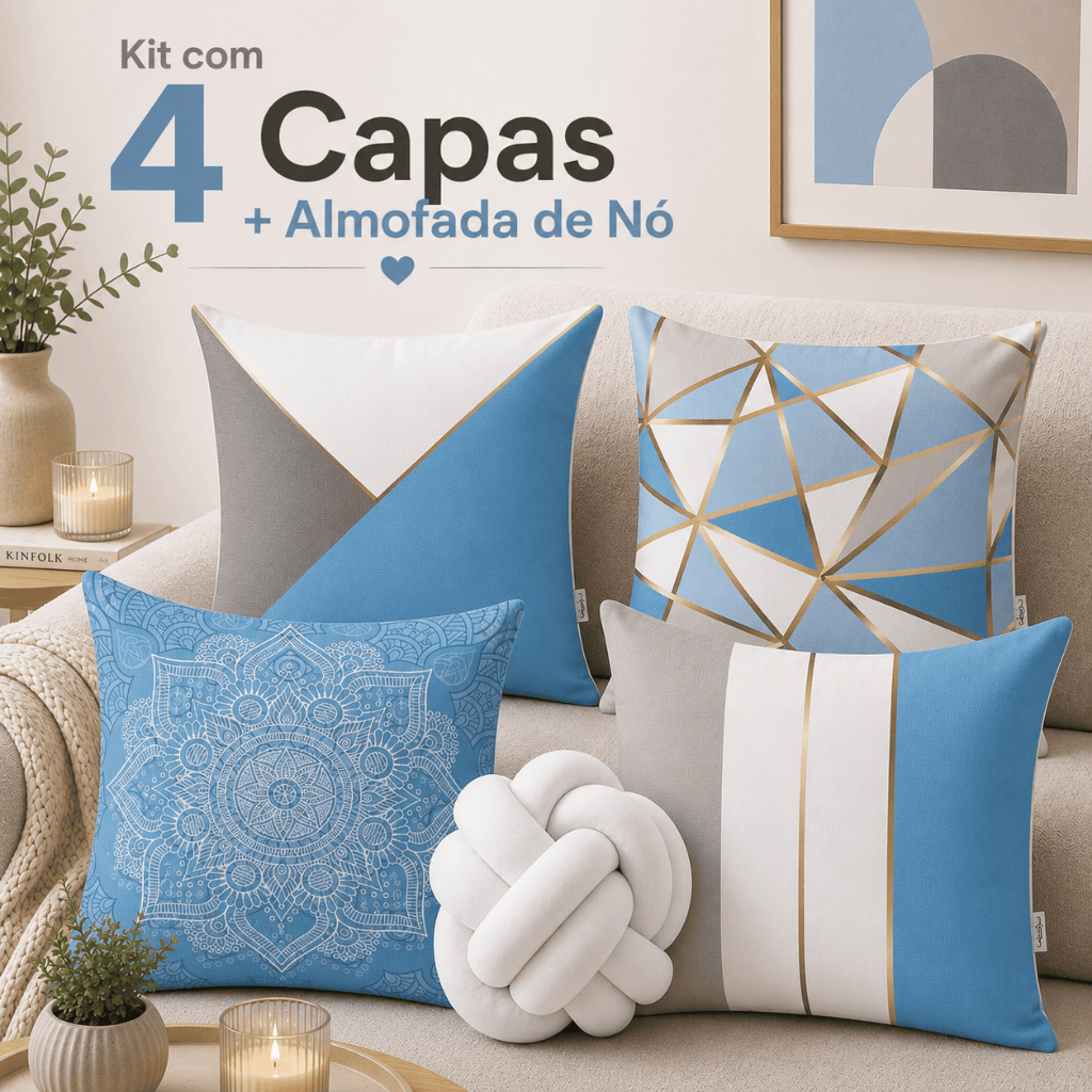 Kit 4 Capas de Almofada Decoração Casa Mandala Azul + Almofada Nó Silicone