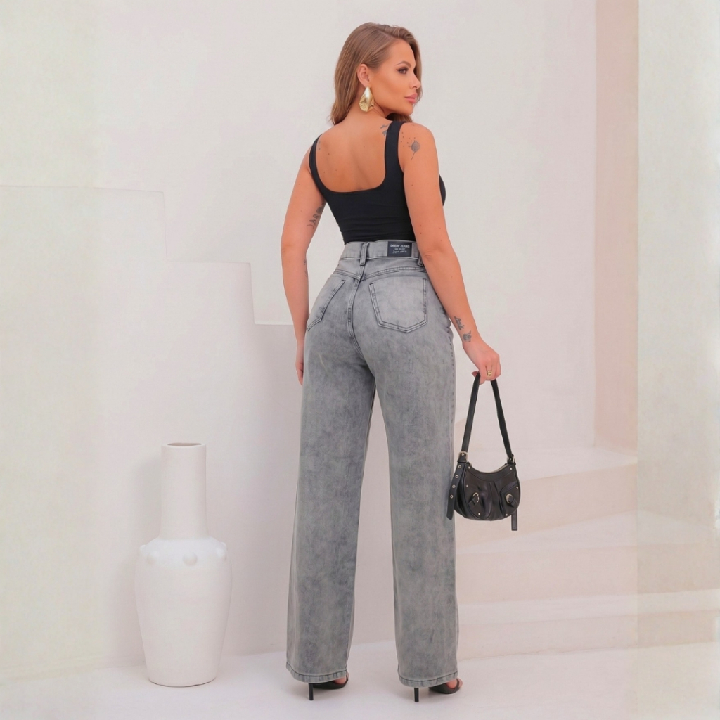 Detalhes do Calça Jeans Wide Leg Feminina Cintura Alta 4 Bolsos 100% Algodão Tecido Premium