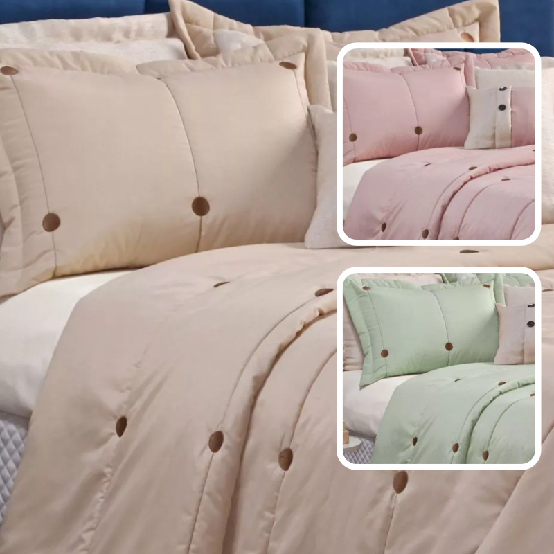 Colcha Cama Cobre Leito 300 Fios Premium Macio Luxo Moderno 07 Peças Botão Tamanhos - SOLTEIRO ,QUEEN e KING