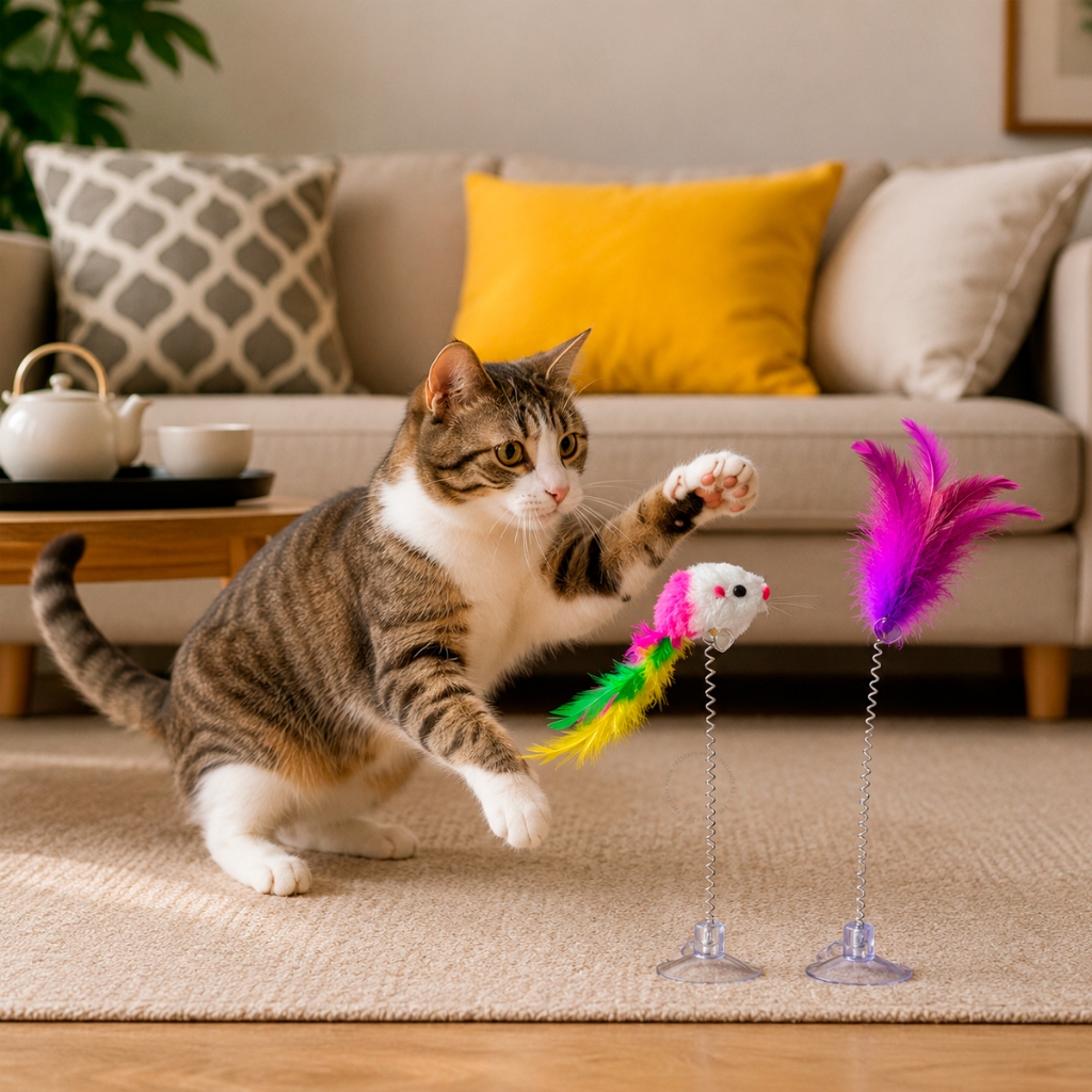 Varinha Brinquedo Gato com Mola Ventosa Penas Pássaro Interativo Pet - 2 Peças