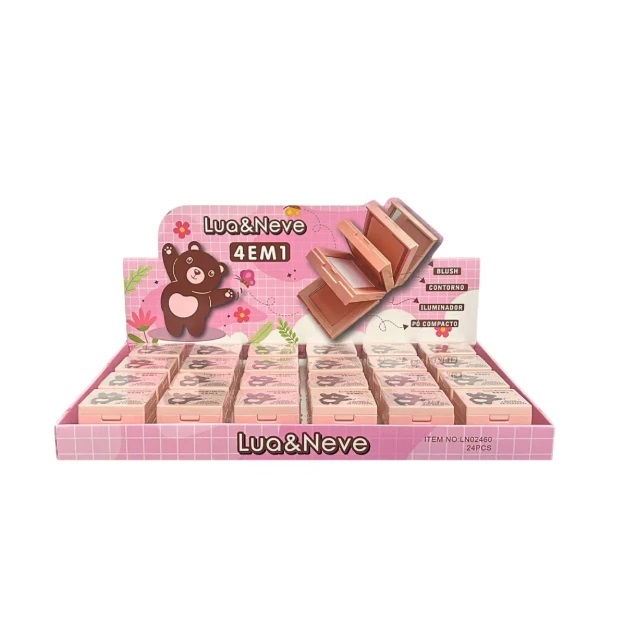 Mini Quarteto de Maquiagem 4 em 1 Lua e Neve – Blush, Contorno, Iluminador e Pó Compacto Portátil