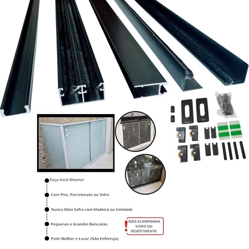 Kit Perfil Pia Alumínio Para Porcelanato Vidro Gabinete 1,00 LARGURA X 1,20m ALTURA Preto e Branco