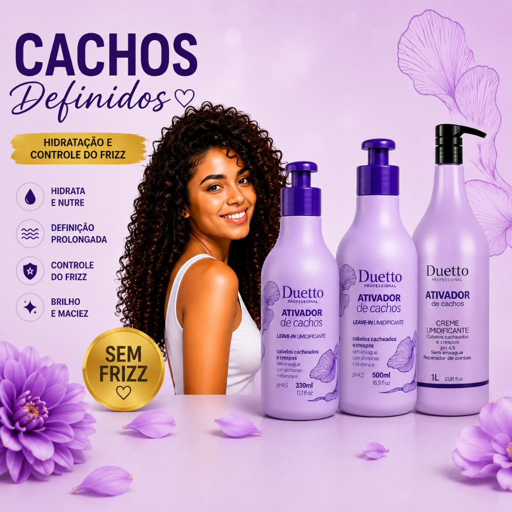 Ativador de Cachos Duetto Professional Creme Leave in Umidificador Controle de frizz e Maciez