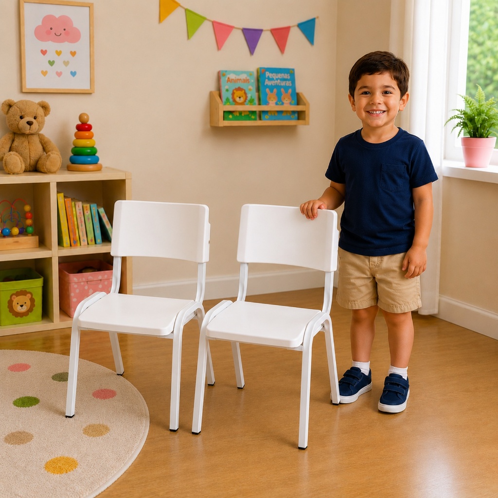 2 Cadeiras ISO Infantil Branca Empilhável – Estrutura Fixa em Aço para Escola e Brinquedoteca