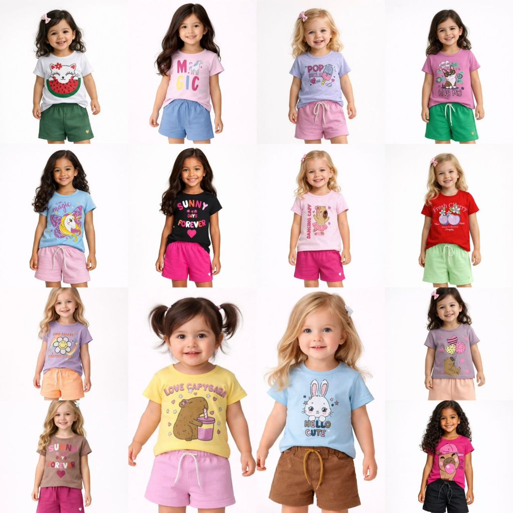 Kit Infantil Verão Menina 6 Peças – 3 Camisetas + 3 Shorts Sortidas (Tamanhos 1 a 8 Anos)