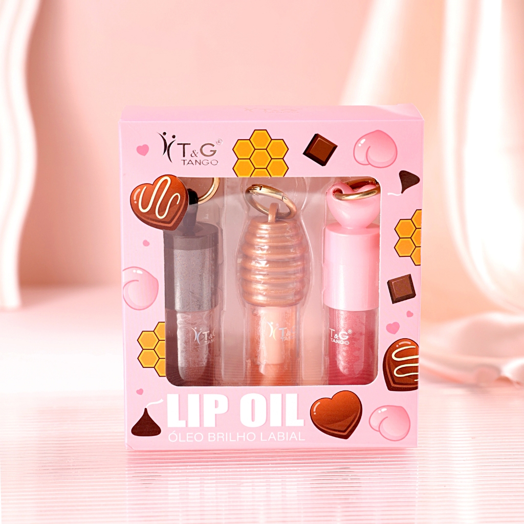 Kit Lip Oil Gloss labial Chaveiro Hidratante Beleza Feminina Com Acessórios - Chocolate - Honey oil - Peach