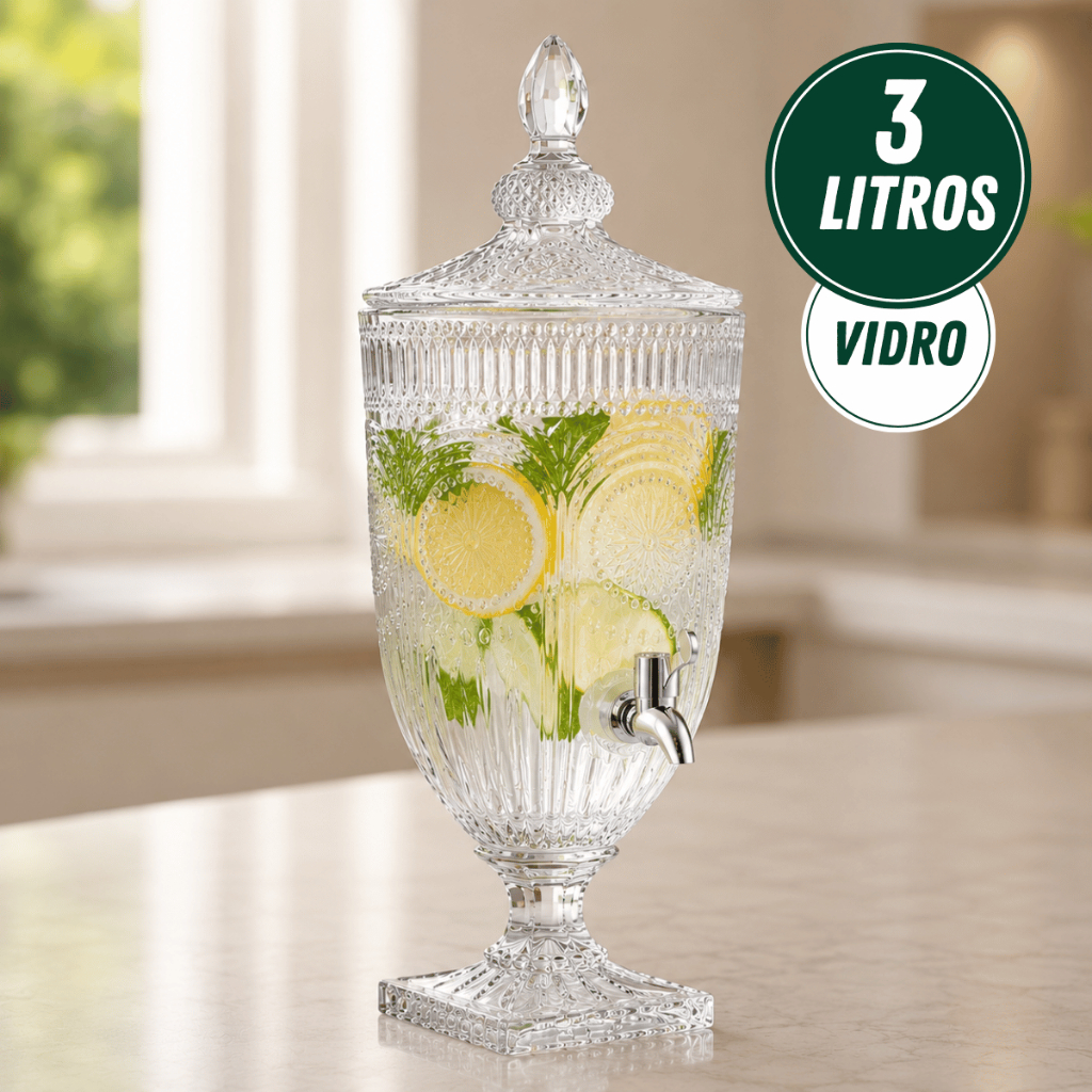 Suqueira de Vidro Com Torneira 3 Litros Jarra Dispenser Cristal Bebidas Suco Agua Saborizada