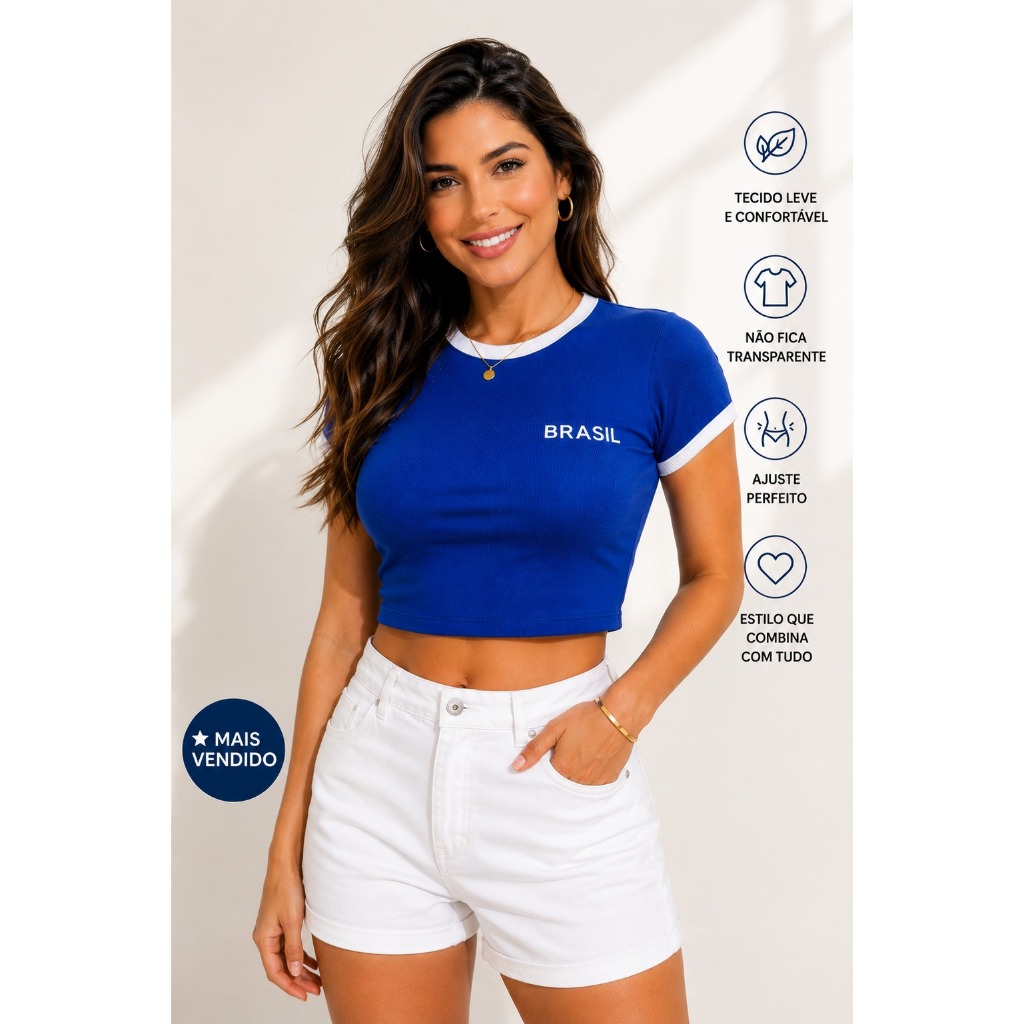 Cropped Feminino  Estilo Brasil Blusinha Ajustada Manga Curta Moda Verão Confortável Casual  Esportivo Tendencia Copa
