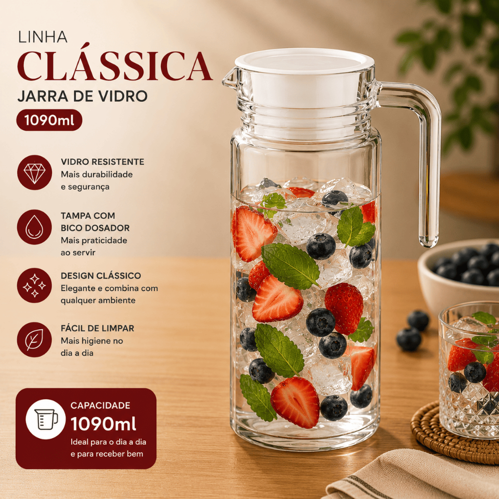 Detalhes do Jarras de Vidro Resistentes Suiça 1 Litro ou 880ml com Tampa e Alça para Suco Água Chá Bebida