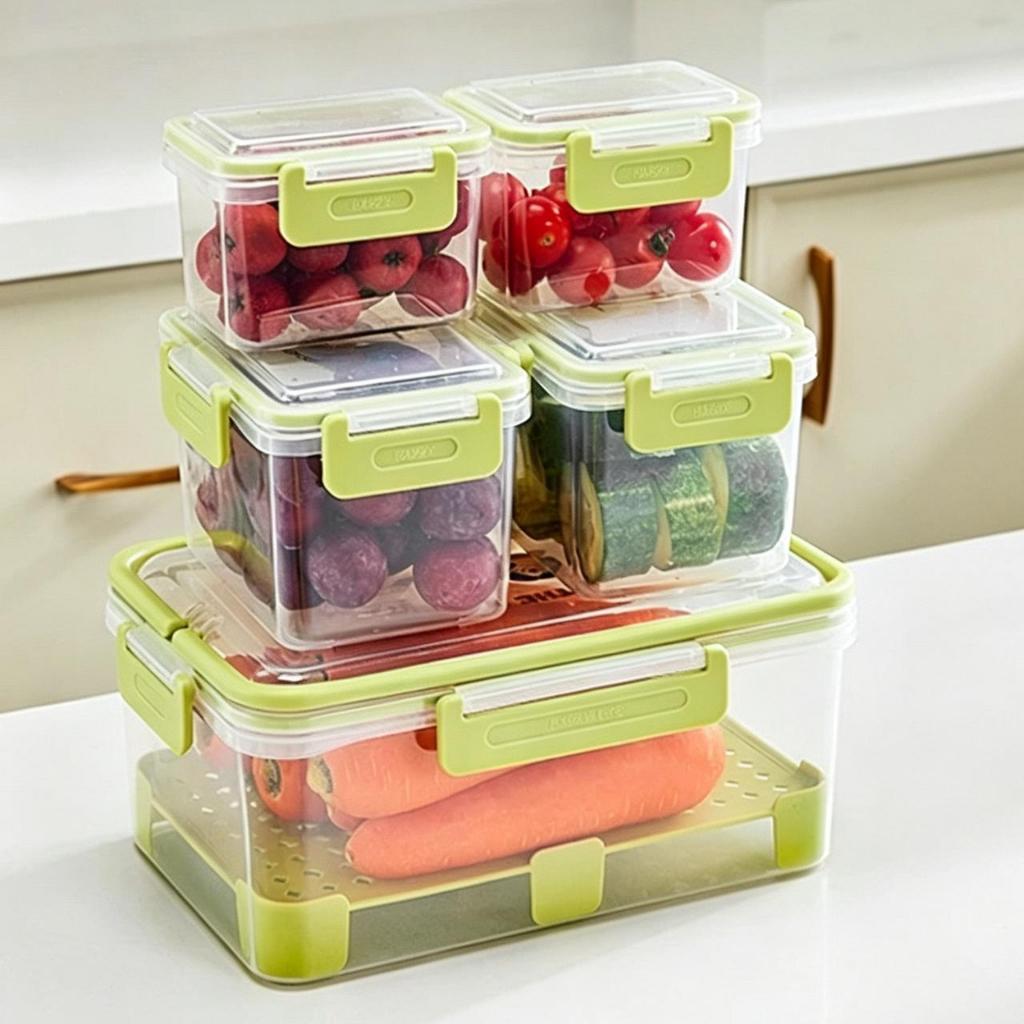 Kit 5 pcs Potes Organizadores Herméticos para Geladeira com Cesto Drenante Armazenamento de Alimentos com Tampa e Trava