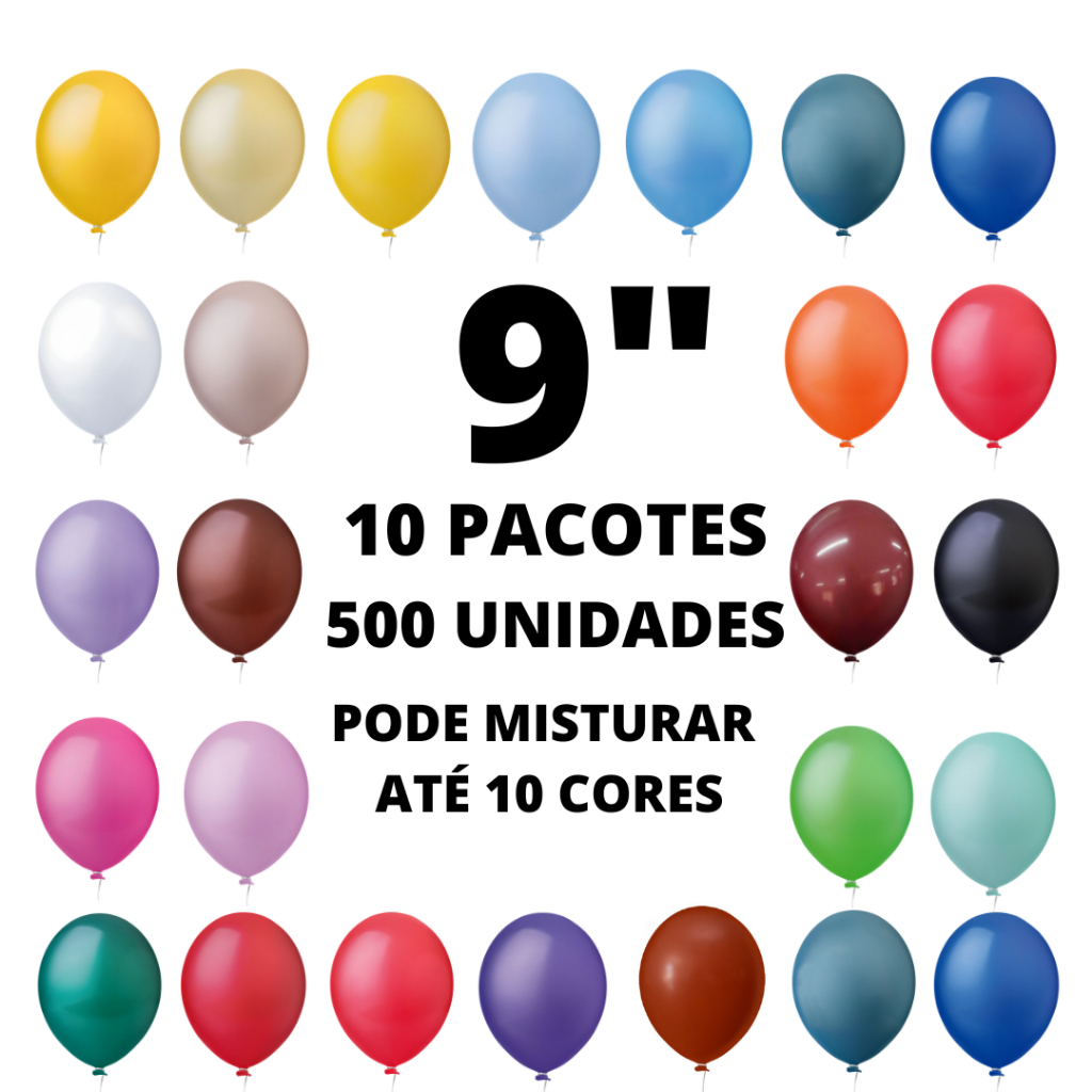10 Pacotes Bexiga 9 Polegadas Redondo Liso c/ 50 unidades - Total de 500 Unidades - Pode mandar a lista de cor no chat