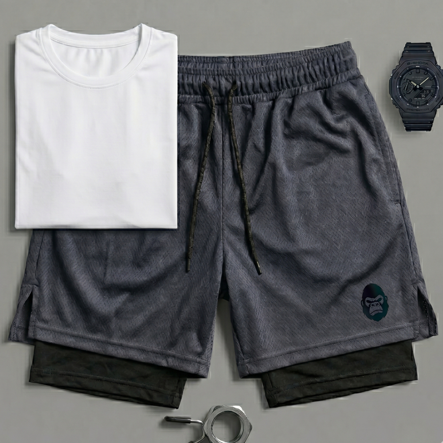 Shorts 2 em 1 Fitness Kong Masculino - Forro Duplo, Bolso Celular e Dry Fit