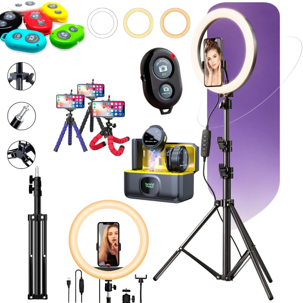 Kit Youtuber Ring Light Led Tripé Microfone S/Fio Duplo Bluetooth Iluminação Profissional Completo