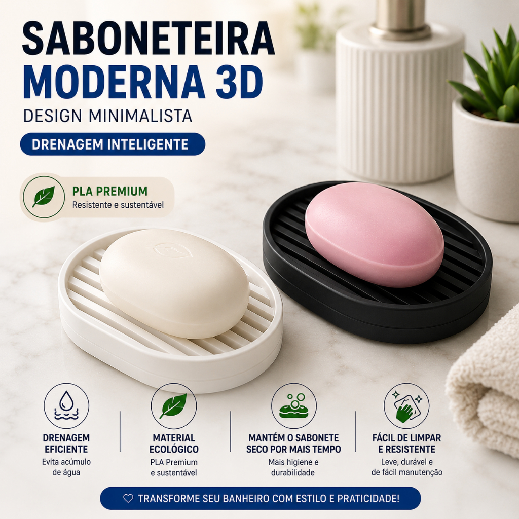 Saboneteira Moderna para Banheiro 3D em PLA – Porta Sabonete com Drenagem Inteligente