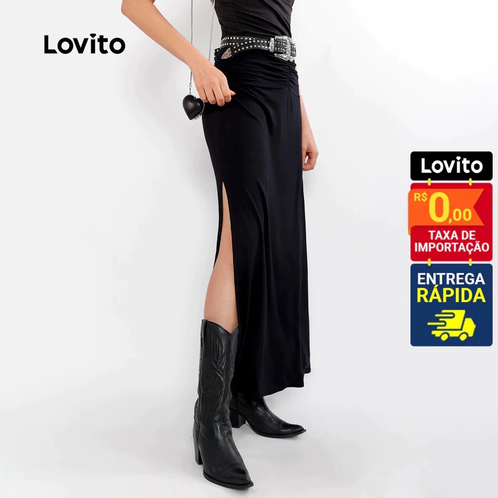 Lovito Saia Feminina Longa Franzido na Cintura e Fenda Lateral BRSKB641BRL671