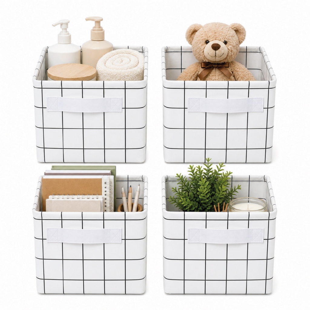 Kit 4 Caixa Organizadora Dobrável Linho Branco Nicho Closet Roupa Brinquedo Multiuso