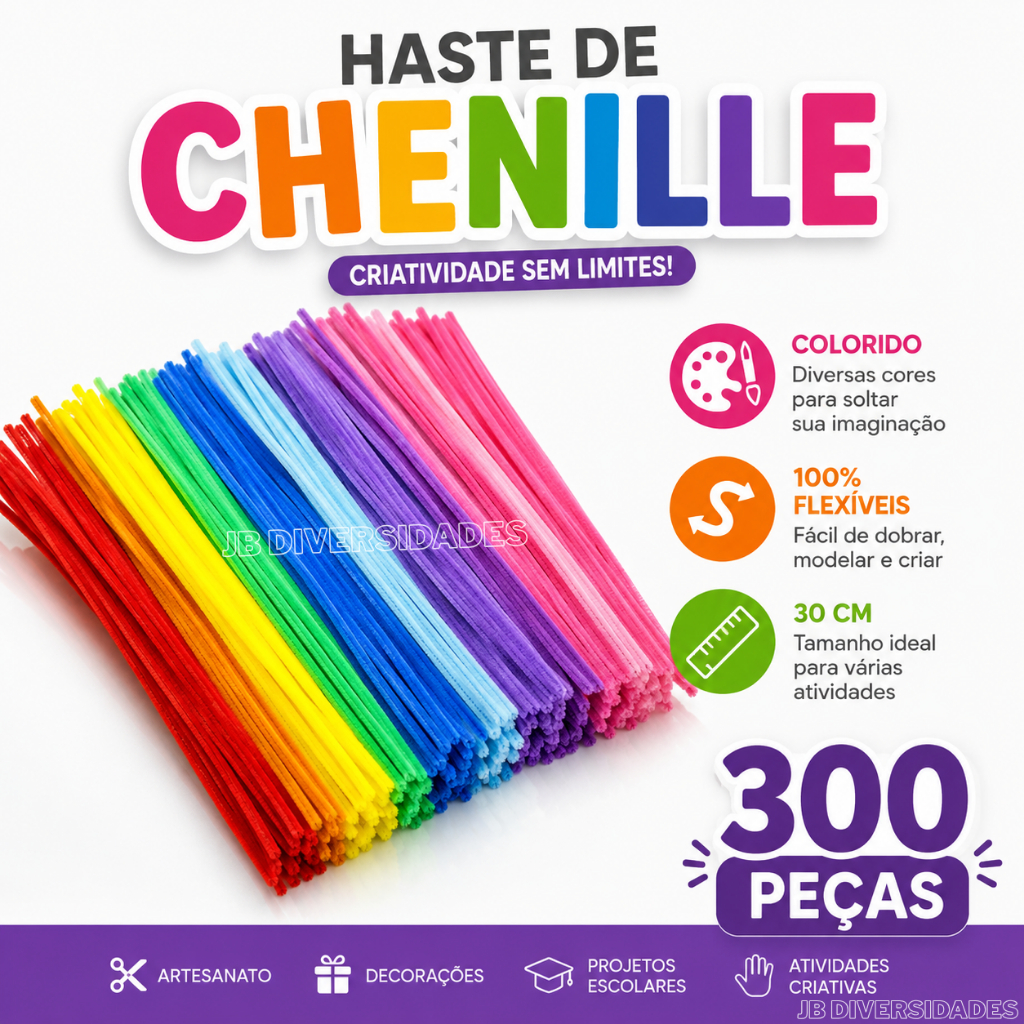 kit Haste de Chenille 300 Peças Coloridas 30cm Flexível Para Artesanato e Decoração