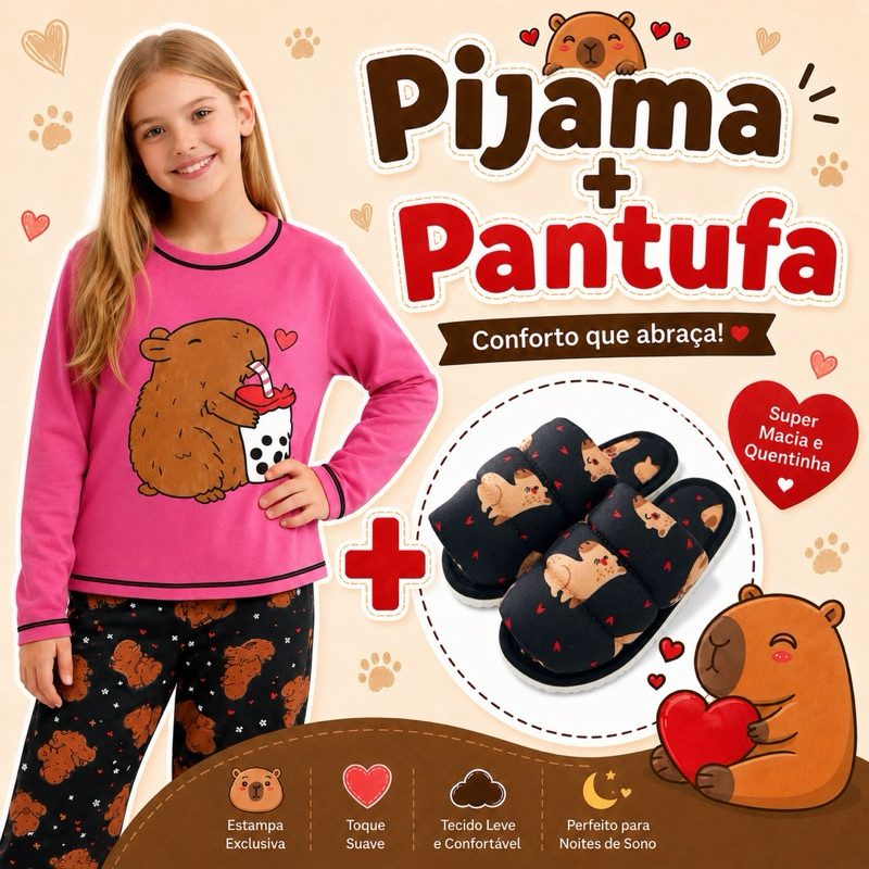 kit de pijama longo infantil + pantufa de capivara feminino