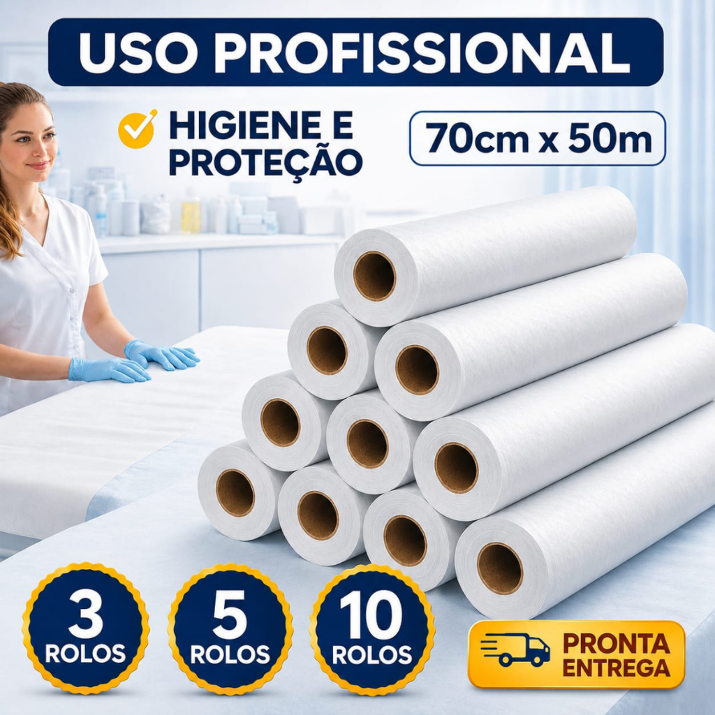 Kit Lençol Hospitalar Papel 70x50m Descartável Maca Clínica Estética Consultório Profissional Branco