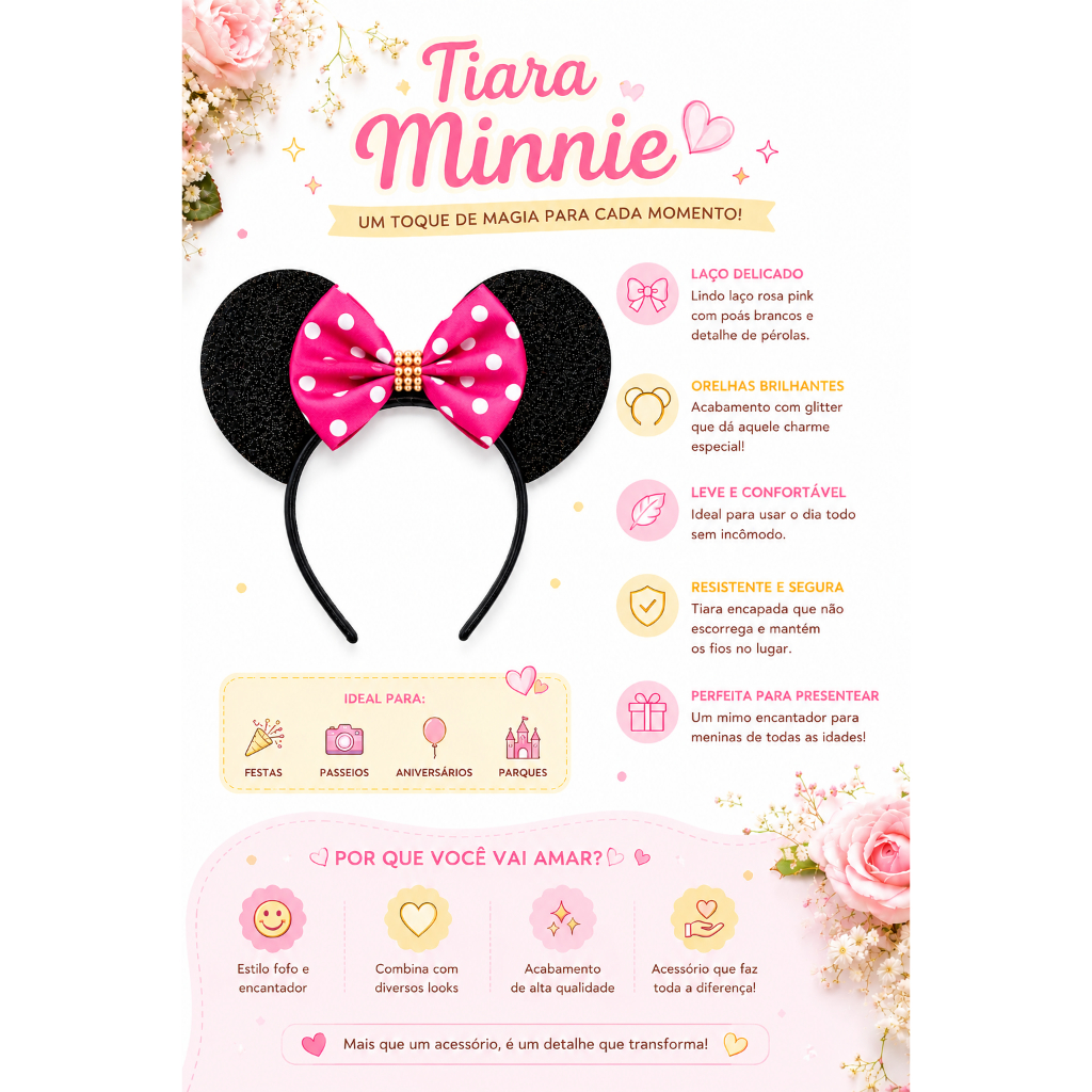 Kit 8 Tiaras Minnie Laço Rosa Pink Com Glitter Personalizadas Mundo Rosa — imagem 2 de 2
