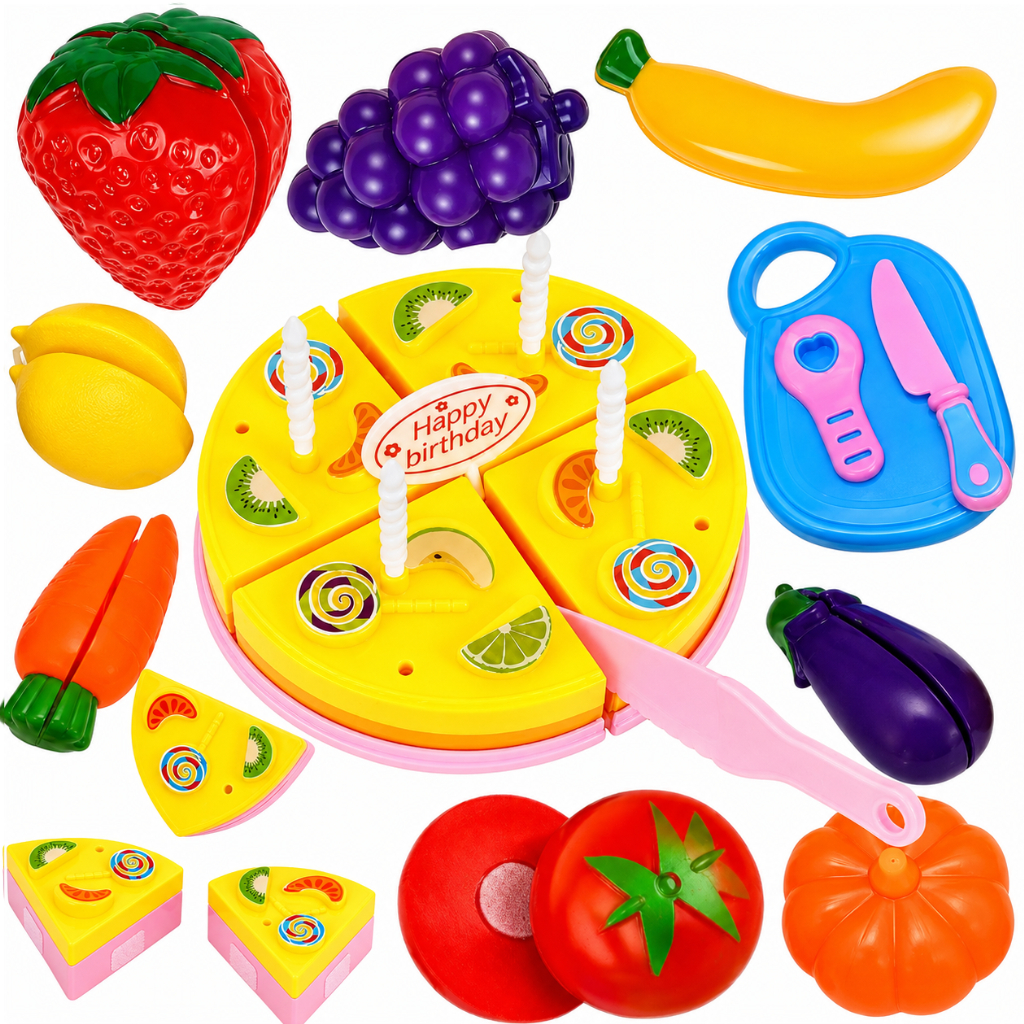 Kit Comidinha 22 Peças Cozinha Infantil Brinquedo Para Criança Menina Menino Mercado Frutas e Bolo