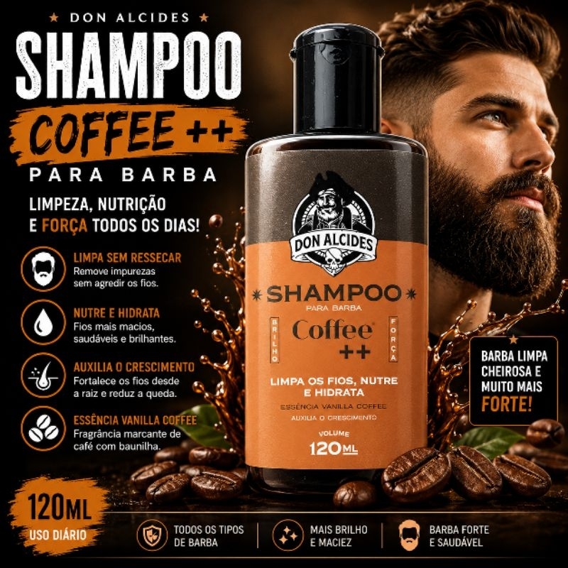 Shampoo para Barba Don Alcides Coffee ++ 120ml – Limpa, Hidrata, Fortalece os Fios e Estimula Crescimento