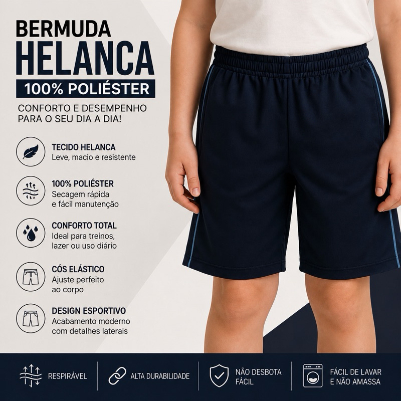 Bermuda Escolar 100% Poliester Azul Marinho - Unissex | TAM 2 ao EG - Modelagem Grande