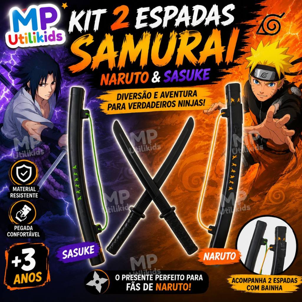 Espada De Brinquedo Kit 2 Katana Samurai Com Bainha Naruto Sasuke