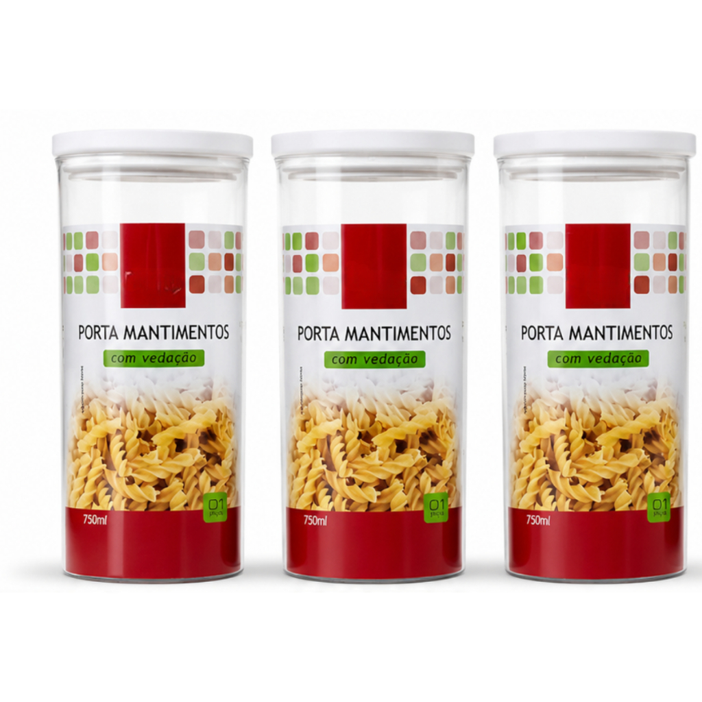 Kit 3 Potes Acrílicos Herméticos 750ml Porta Mantimentos com vedação silicone  Cozinha transparente para alimento grãos