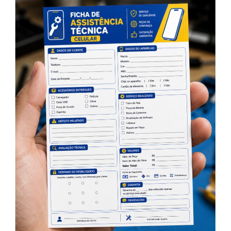 Bloco para Ordem de Serviço Assistência Técnica para Celular 10x14 cm ou 14x20 cm