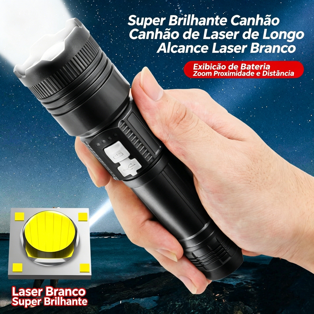 Lanterna Tática Laser LED Alta Potência Militar 4em1 USB Recarregável Zoom Longo Alcance Perfeita para Camping Segurança