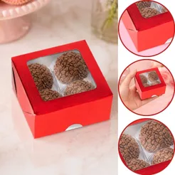 10 Caixa P/4 Doces VERMELHO Textura com Visor PVC 8,5x8,5x4 (CHOCO)