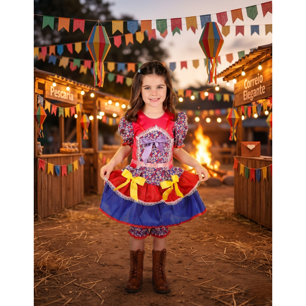 Vestido Festa Junina Infantil Menina Quadrilha Caipira São João Arraiá Com Calção