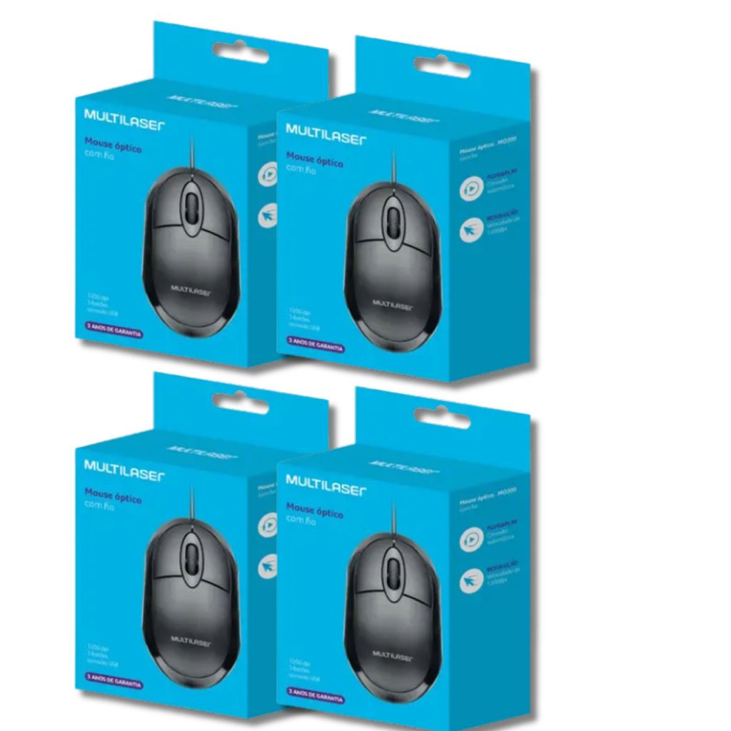 Kit 4 Mouse Classic Box Usb Com Fio 1200dpi 3 Botoes Mo300 Anatomico Cabo 1.2m Preto Multilaser