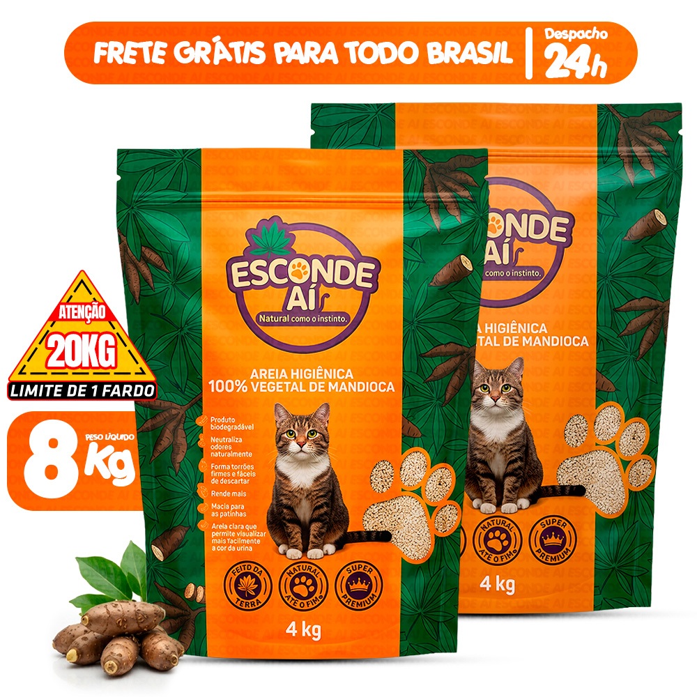 Kit 2 Pacotes Areia Sanitária de Mandioca Esconde Ai 8KG Granulado Higiênico Para Gato Forma Torrões