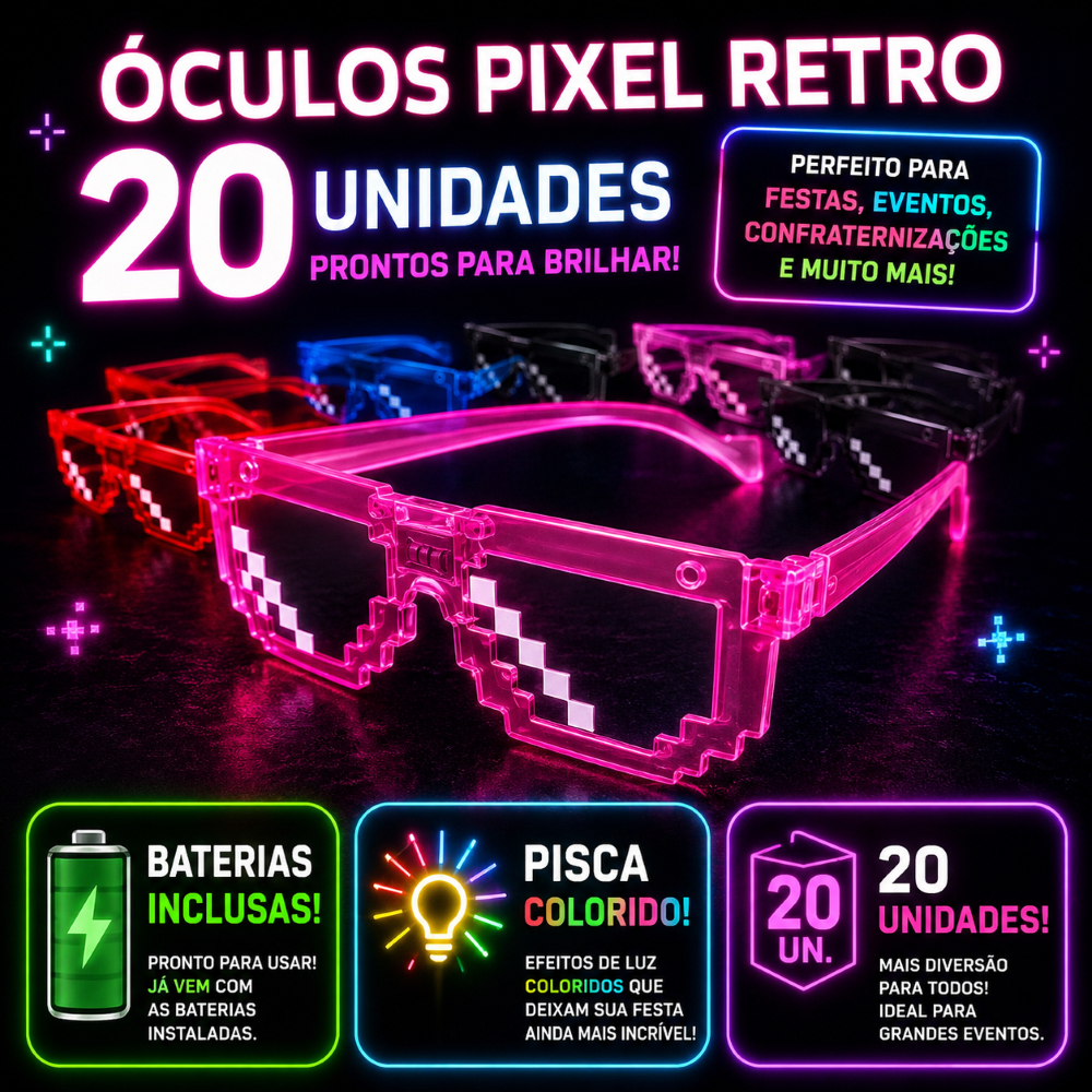 20 Óculos Pixel Art Minecraft Thug Life Festa Fantasia Neon Geek Gamer Retro Festas Infantil e Adulto