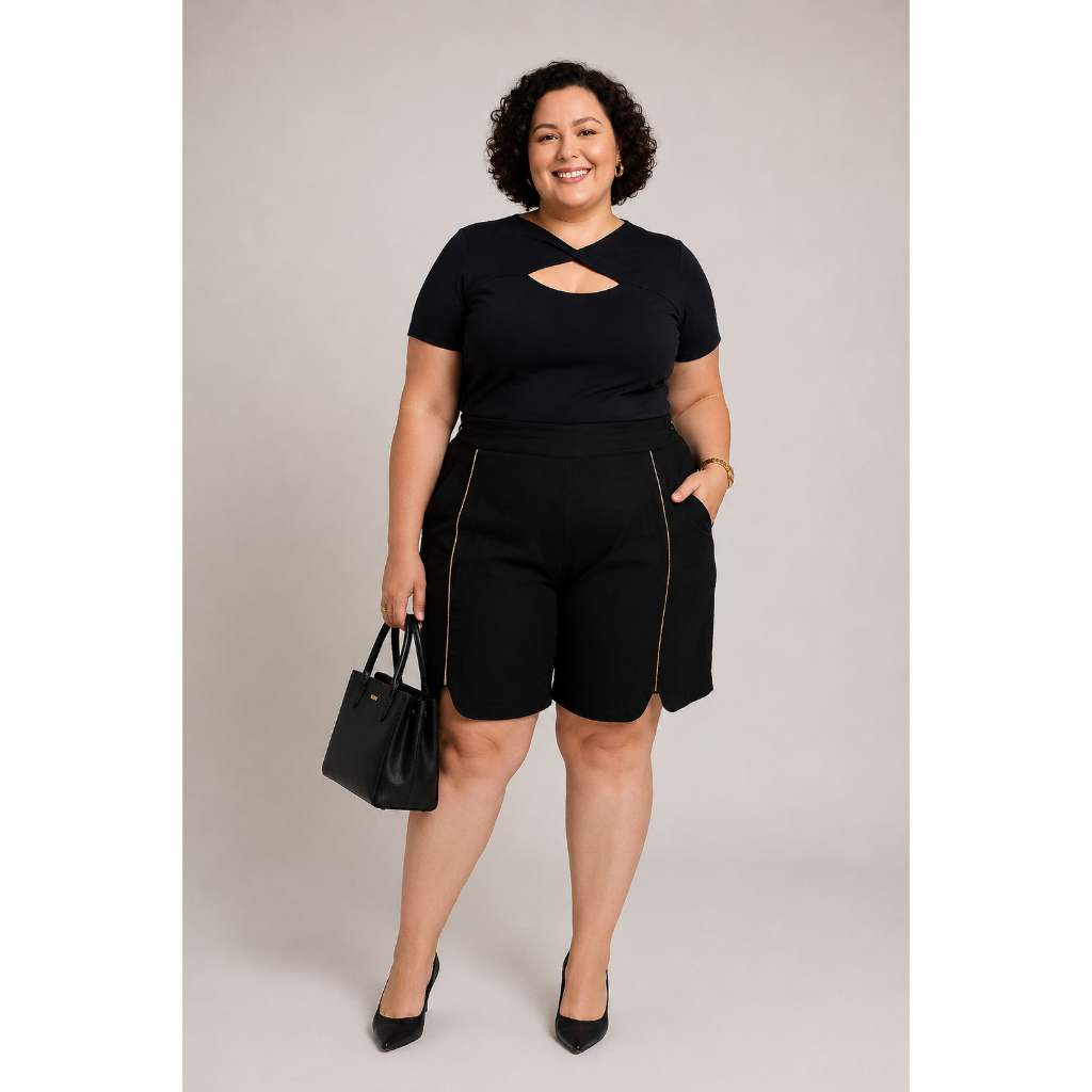 Bermuda Alfaiataria Feminina Plus Size Curvy cintura alta Social Elegante Linho com elastano tamanhos grandes 44-GG