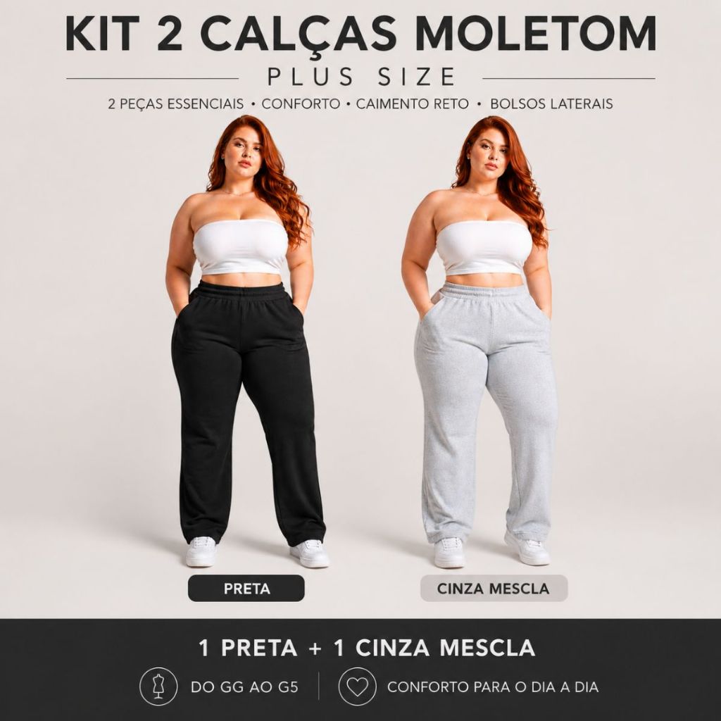 Kit 2 Calças Moletom Feminina Plus Size GG ao G5 Algodão Poliéster Premium Confortável