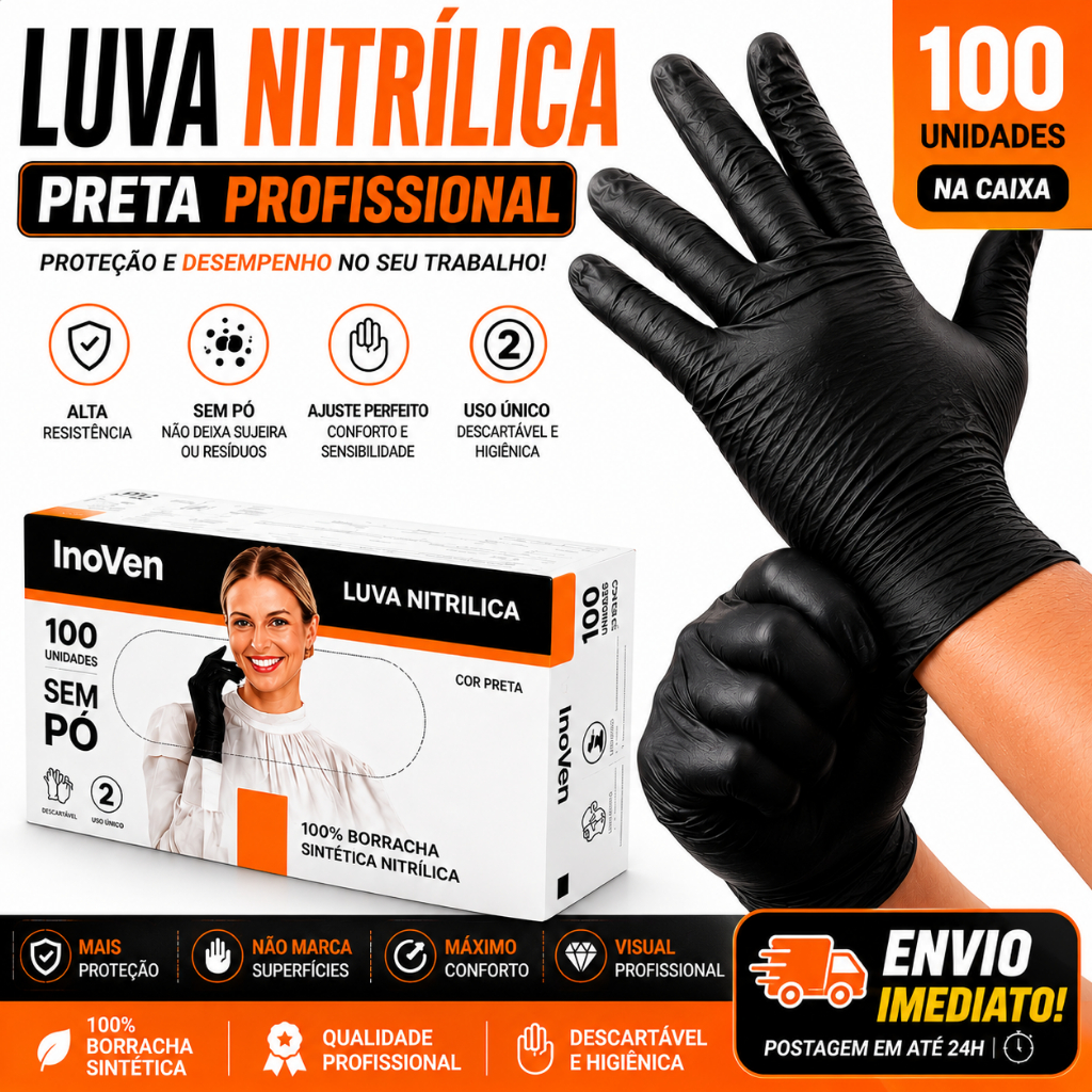 Luva Nitrílica Preta Sem Pó 100un Profissional Descartável Alta Resistência Uso Doméstico Limpeza Estetica Tattoo