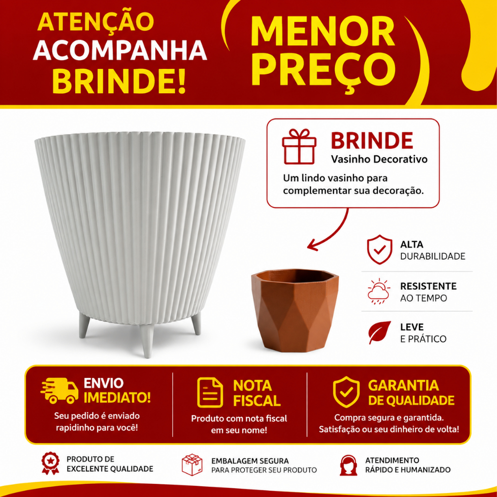 Vaso para Planta Canelado Moderno com Pezinhos Design Moderno 28x26x18