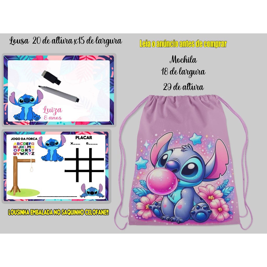Kit mochila e lousa personalizada do Sticth