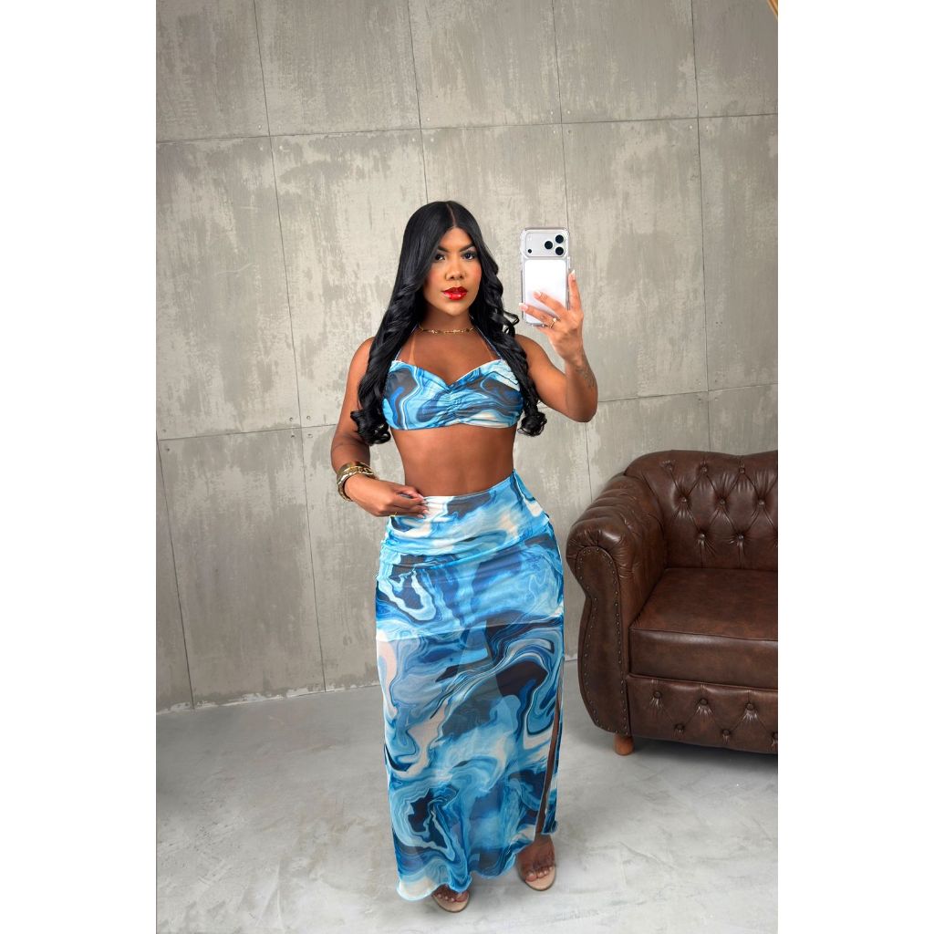 Conjunto Midi em Tule Mesclado com forro e bojo cropped + saia longa feminino tendência moda festa tay day tai dai fenda