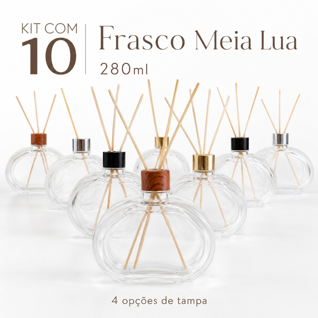 Kit 10 Frascos Difusor Meia Lua 280ml Vidro Aromatizador Lavabo Ambiente Tampa Dourado Prata Madeira