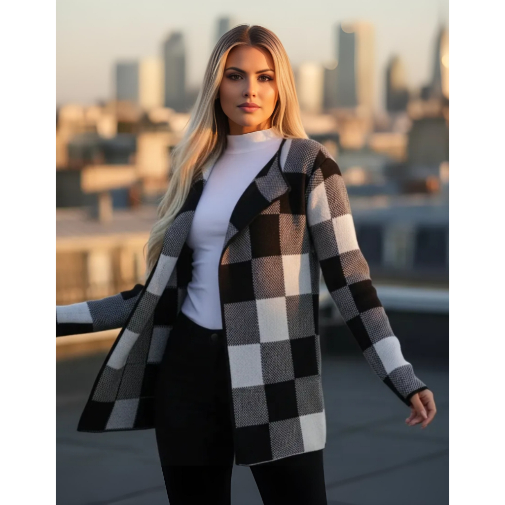 Cardigan Xadrez Sobretudo Lã Inverno Gola Chic Feminino