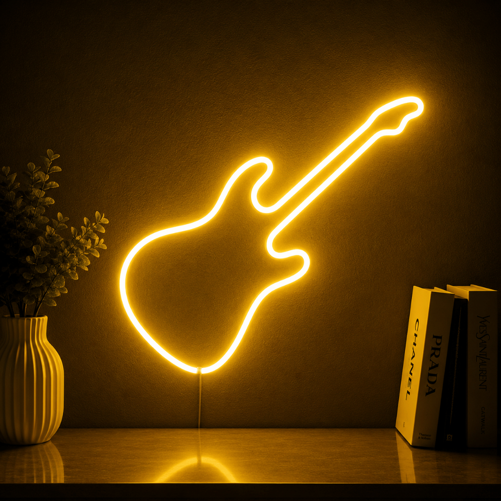 Luminária Led Neon Guitarra 30 Cm Bivolt Letreiro Decoração Estúdio Quarto Festa Balada Luz Parede Iluminação