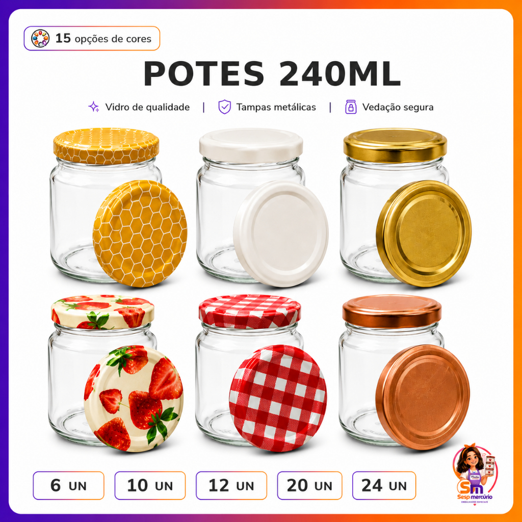 Kit 6/10/12/24 Potes De Vidros Belém 240ml Tampas Metálicas Lacres Geleias Doces Bolo no Pote