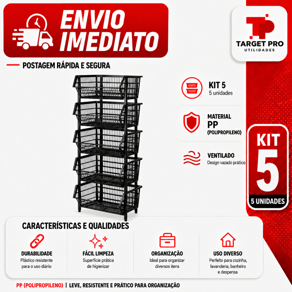 Kit 5 Cestos Expositor Empilhável N3 58cm Preto Organizador Barato
