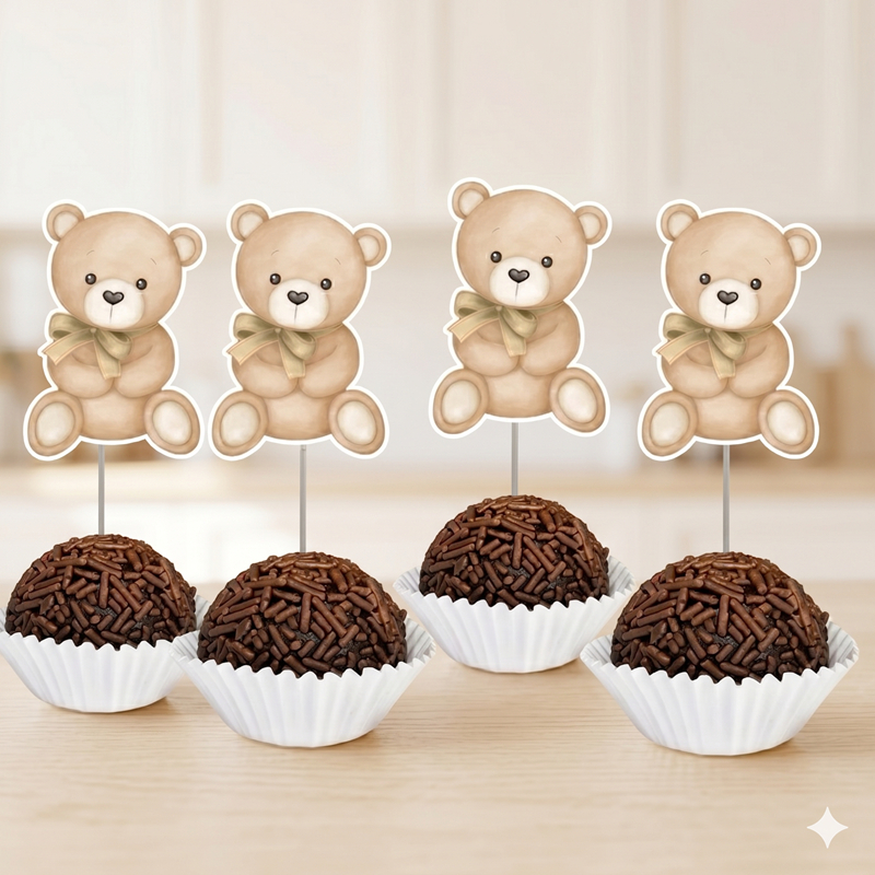Kit 20/40/60 Toppers Ursinhos para Docinhos | Chá Revelação bebê Neutro | Festa Infantil
