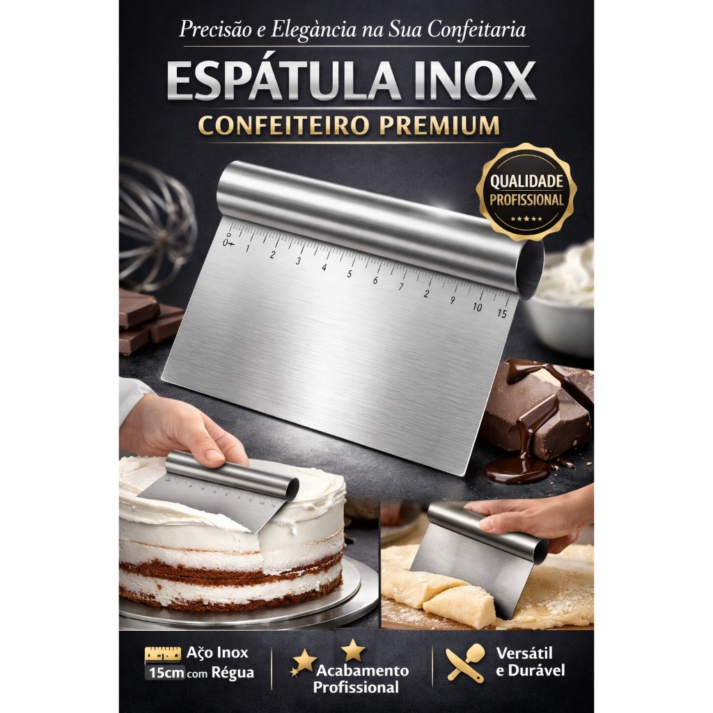 Espátula Confeiteiro Aço Inox 15cm com Régua – Alisador de Bolos, Massas e Chocolates