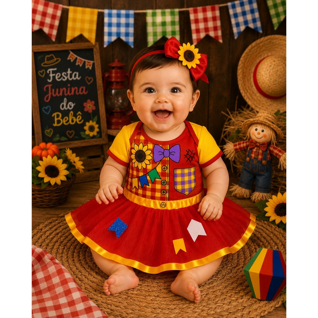 Kit Body Bebê Festa Junina Menina Caipira São Jõao Girassol